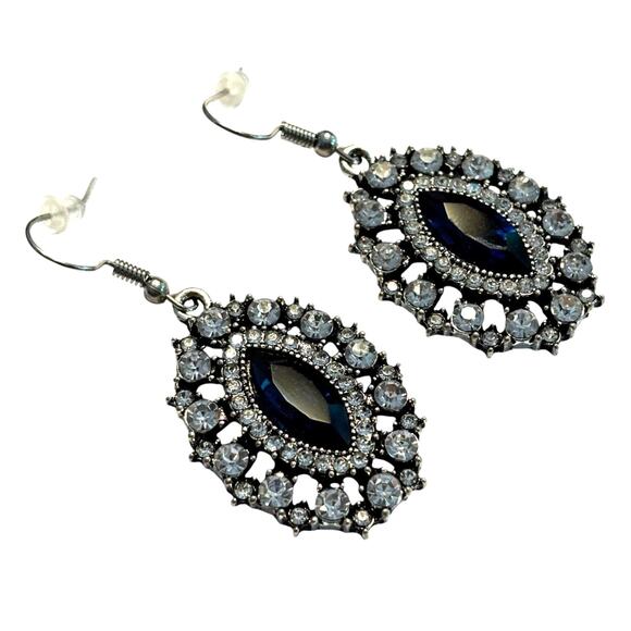 Dressy pierced earrings clear crystals & blue rhinestones silver drop dangles - Picture 2 of 6